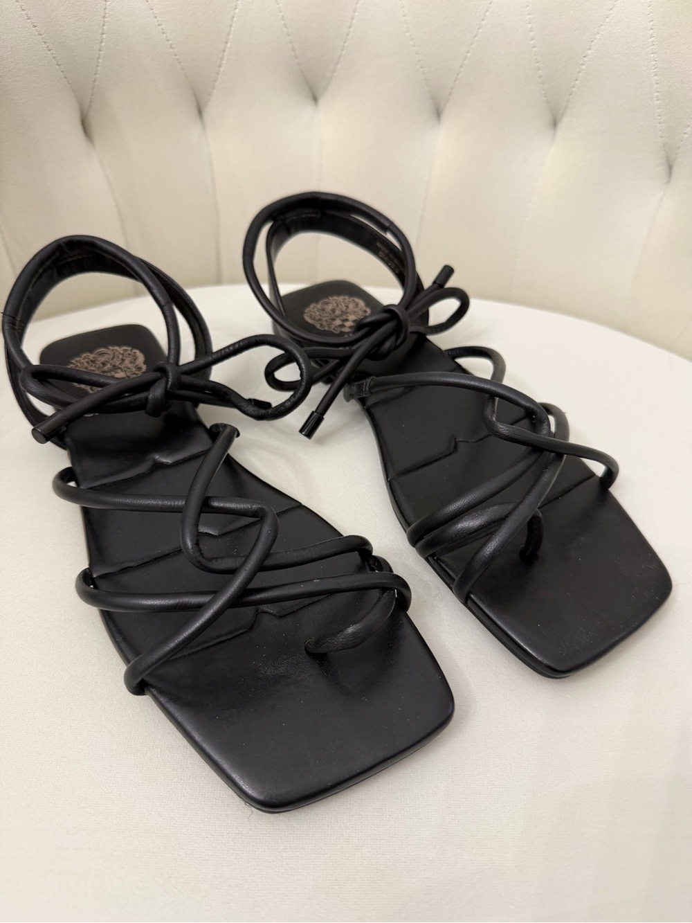 Vince Camuto VC-ALMINDA Black Leather Strappy Square-Toe Sandals